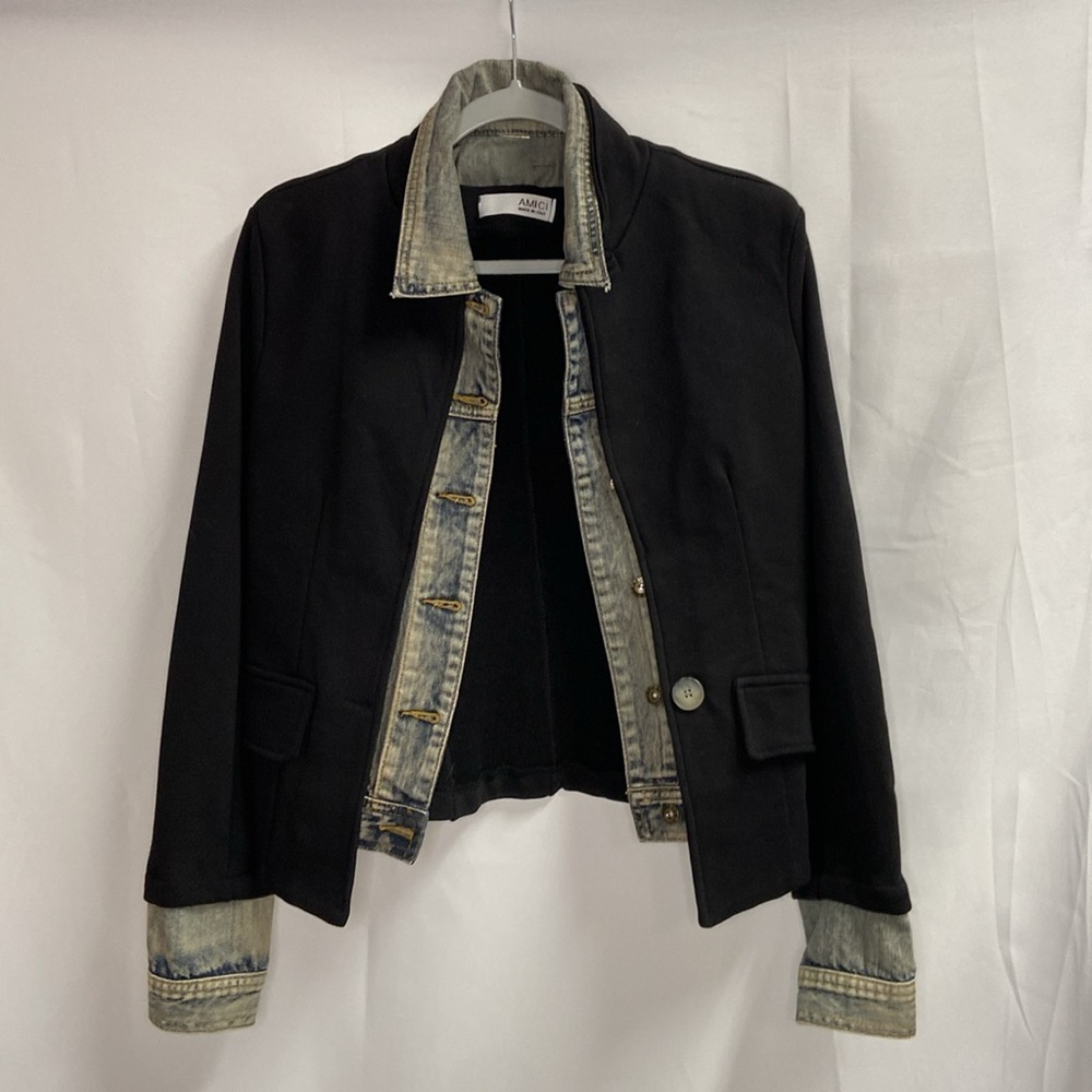 AMO Two-Tone Black Denim-Trim Jean Jacket